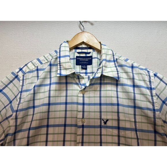 American Eagle Outfitters Plaid Button Up Shirt Mens L Blue Short Sleeve Casual - Picture 4 of 12